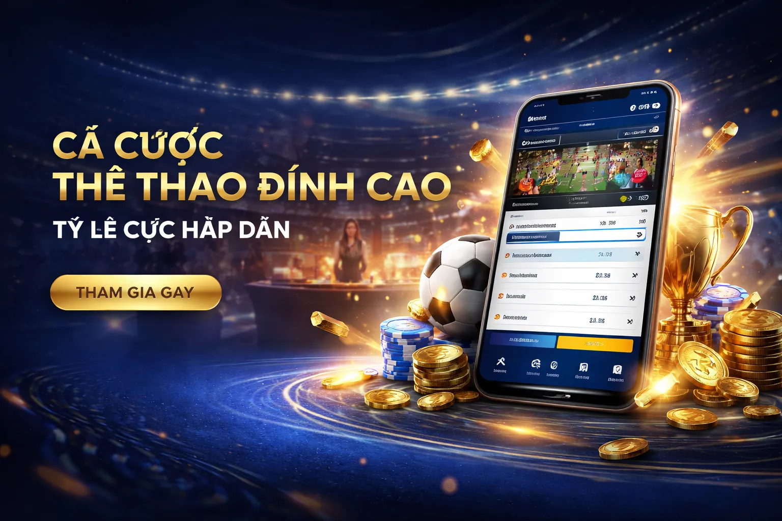 Sân vận động với trận đấu bóng đá đang diễn ra, ánh sáng xanh và vàng của pp88, thể hiện cá cược thể thao trực tuyến